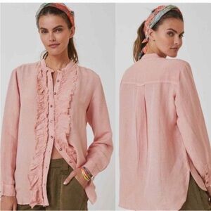 Pilcro Anthropologie Peachy Pink Placket Linen Ruffle Button Down Blouse XXS